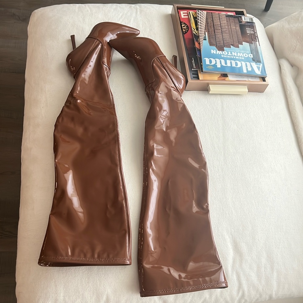 Thigh high camel colored patent leather boots